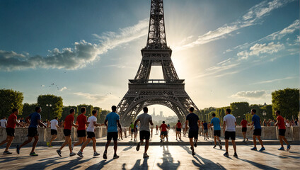 Athletes and the Eiffel Tower in the background as a concept for 2024 Paris summer Olympics. the image is back lit