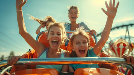 Mother and two children family riding a roller coaster at an amusement park experiencing excitement, joy, laughter, and fun