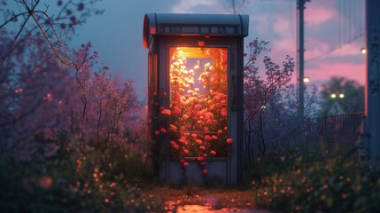 Amidst urban decay, a solitary telephone booth becomes a haven for blooming flowers, offering a glimpse of beauty.