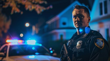 Obraz premium A police officer on patrol in a neighborhood at night