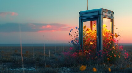 Desert haven: Vibrant flowers flourish within the confines of an old telephone booth, amidst the arid expanse.