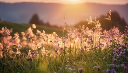 sunset in the mountains,flower, nature, field, meadow, grass, summer, spring,