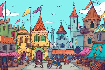 Cartoon cute doodles of a royal procession making its way through the streets of a bustling kingdom, with colorful banners flying overhead, Generative AI