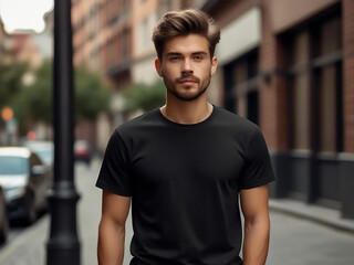 Young Model Shirt Mockup, Boy wearing black t-shirt on street in daylight, Shirt Mockup