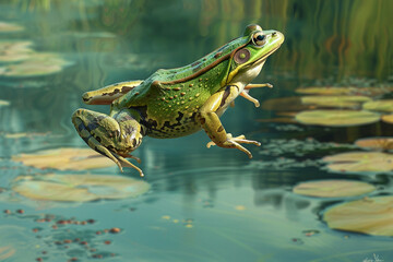 Frog Leaping Across Pond A frog leaping across the surface of a tranquil pond its powerful hind legs propelling it through the water with agility and grace epitomizing