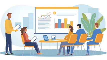 A group of people are sitting around a table with a large screen in front of them. A man is standing in front of the screen, giving a presentation. The room is filled with chairs and laptops