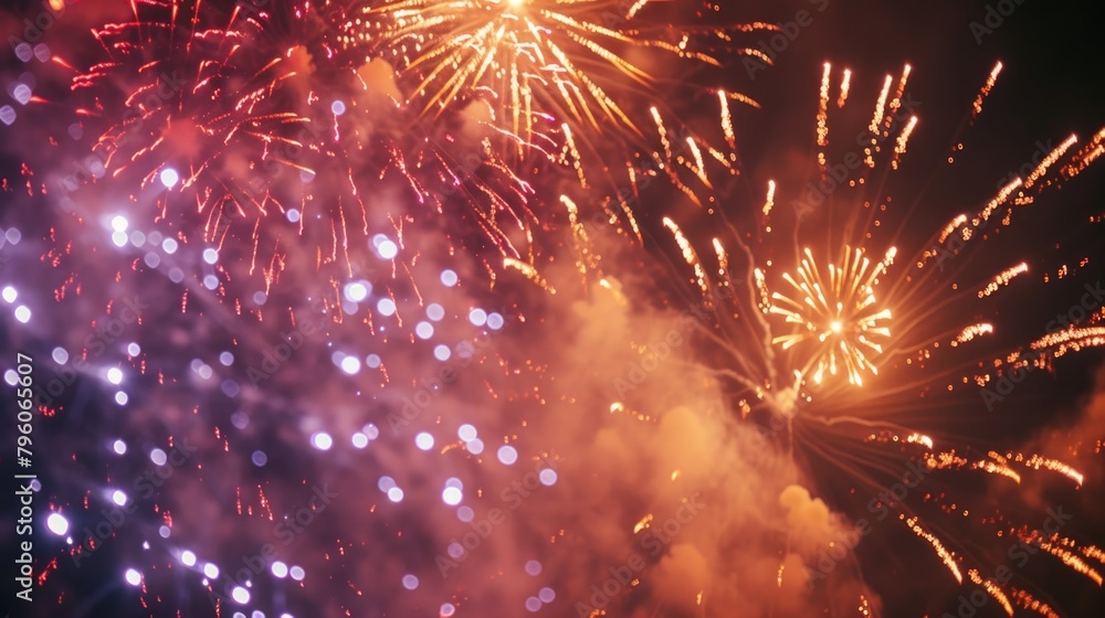 Poster a fireworks display with a lot of red and orange sparks. the fireworks are in the air and are creati