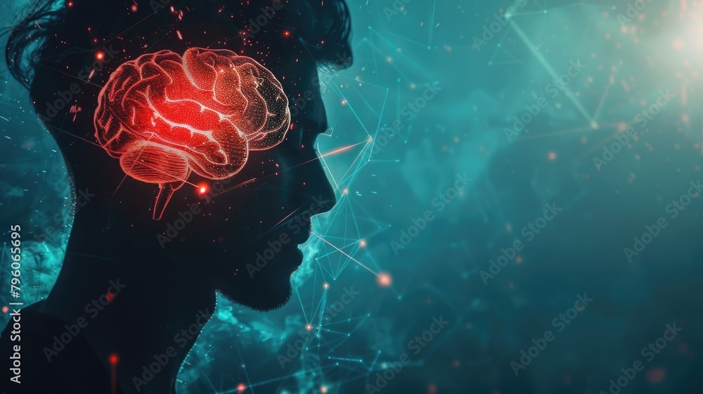 Poster a man's brain is shown in red and blue. the image is abstract and futuristic, with a sense of myster