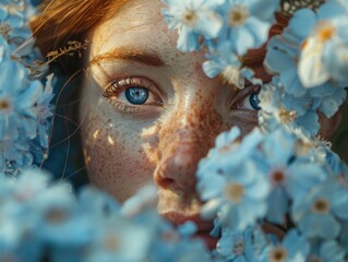 A woman with blue eyes is surrounded by blue flowers. The flowers are in full bloom and are covering her face. Concept of beauty and serenity, as the woman is embraced by the flowers