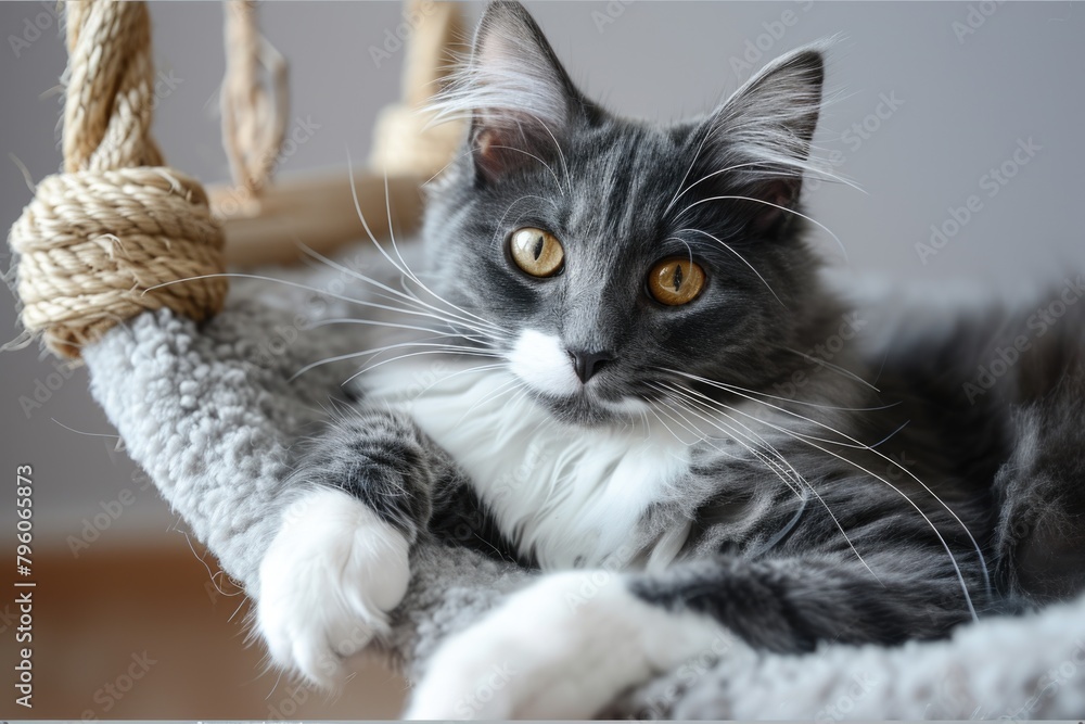 Poster a cat is laying on a hammock, looking at the camera. the hammock is made of rope and has a white and