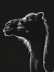 A camel's head is shown in black and white. The image has a moody and mysterious feel to it, as the...
