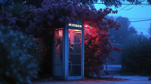 Midnight Bloom: Flowers fill a telephone booth under the cloak of night, casting a soft glow. "BOOTH".