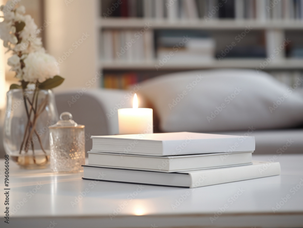 Poster a stack of books on a table with a candle in the middle. the scene gives off a cozy and inviting atm