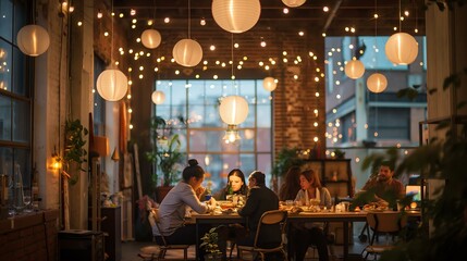 A group of people are sitting around a table in a restaurant with white lanterns hanging from the ceiling. Scene is warm and inviting, as the group of people seem to be enjoying each other's company