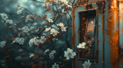 Nature reclaims an abandoned telephone booth, adorning it with delicate blossoms against a backdrop of neglect.