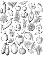 A drawing of various fruits and vegetables, including apples, oranges, and bananas. The drawing is in black and white and has a vintage feel to it