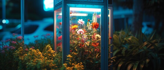 Neon lights transform an ordinary telephone booth into a mesmerizing floral oasis, glowing in the dark.