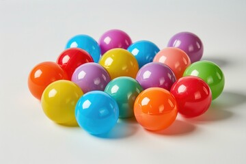 A bunch of colorful plastic balls are scattered on a white background. The balls are of various sizes and colors, creating a vibrant and playful atmosphere