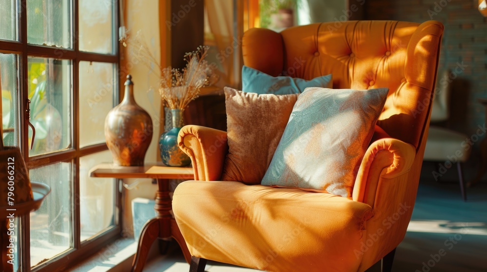 Aufkleber a large orange chair with pillows on it sits in front of a window. the chair is positioned to catch 