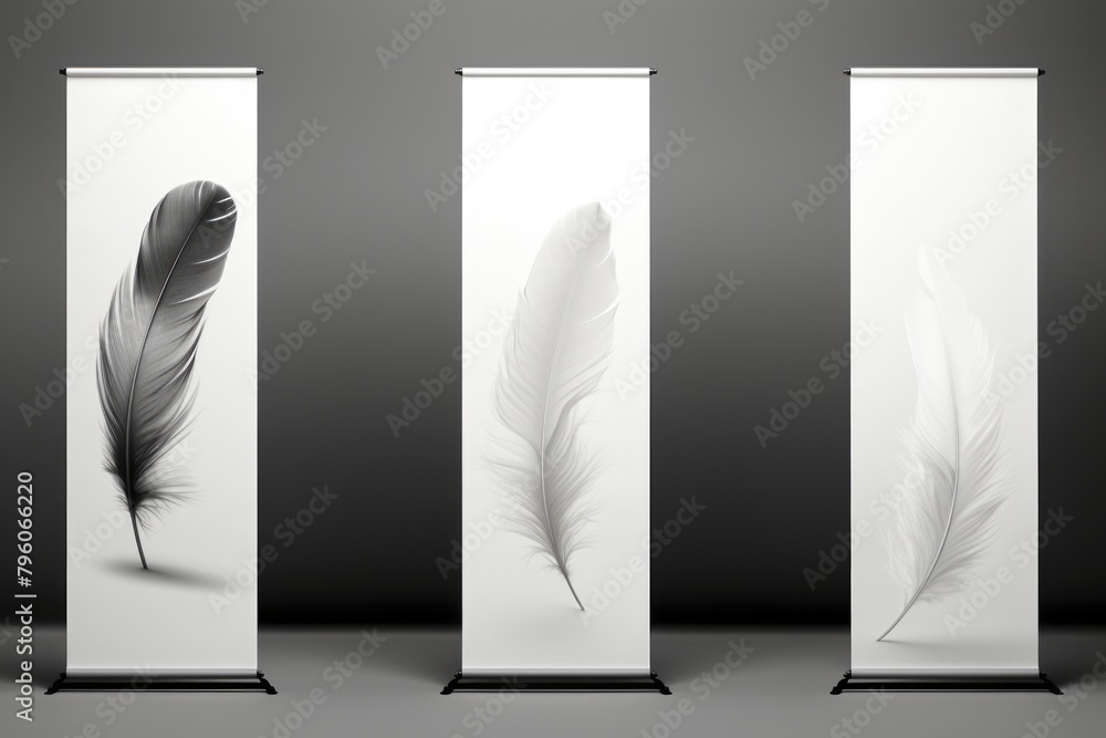 Poster three white and black feathers are displayed on three different banners. the feathers are arranged i