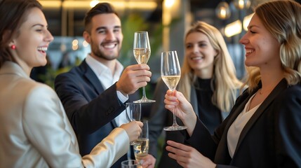 A group of people are celebrating with champagne glasses. Scene is happy and festive