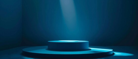3d render. Abstract modern minimal blue background illuminated with bright spotlight. Showcase scene with cylinder podium for product presentation