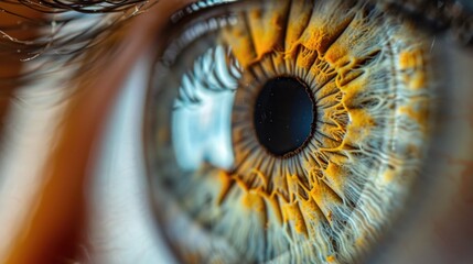 A close up of a person's eye with a yellowish tint. The eye is surrounded by a clear iris and pupil