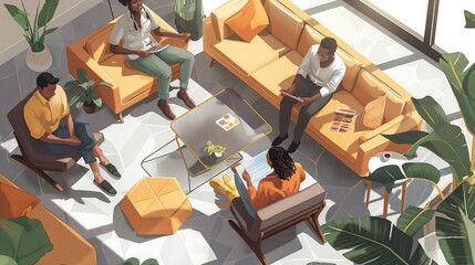 A group of people are sitting on a couch in a living room. The couch is yellow and there are two potted plants in the room. One of the people is holding a book