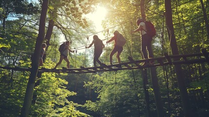 A group of people are crossing a wooden bridge in a forest. The bridge is narrow and the people are holding onto each other as they walk across. Scene is adventurous and exciting