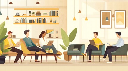 A group of people are sitting in a room with a potted plant in the middle. The room has a casual and relaxed atmosphere, with people working on their laptops and enjoying each other's company