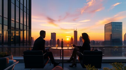 A couple is sitting at a table on a rooftop, enjoying the sunset and a bottle of wine