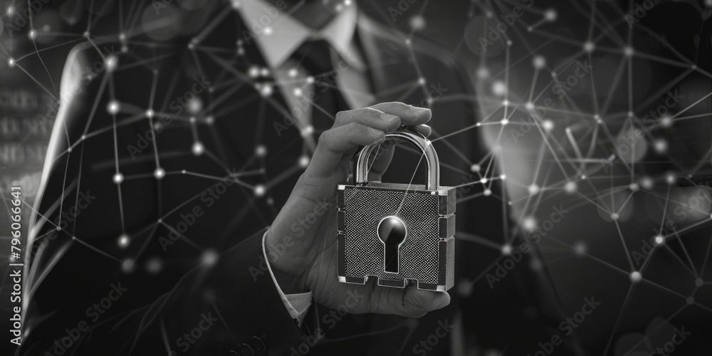 Poster a man is holding a key in front of a web of lines. concept of security and protection