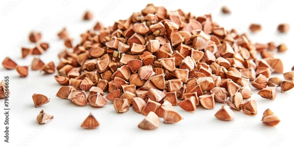 Poster a pile of nuts with a white background. the nuts are small and brown. the pile is scattered and not 