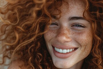 A woman with red hair and freckles is smiling and has her teeth showing. She has a happy and carefree expression on her face
