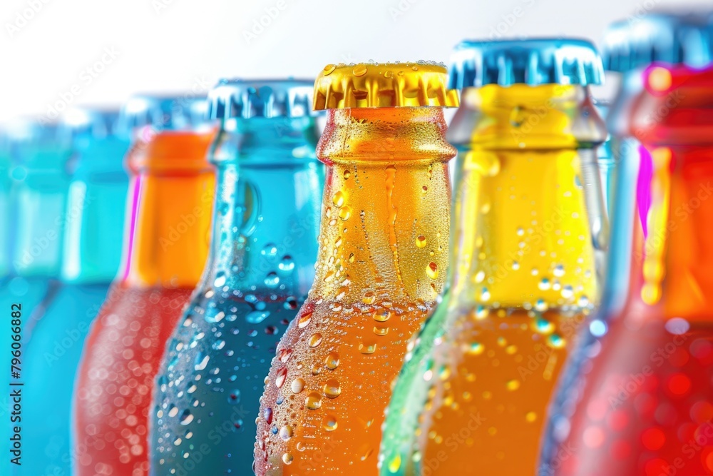 Poster a row of colorful bottles of soda with a blue bottle in the middle. the bottles are all different co