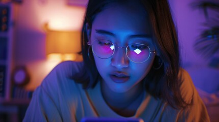 A woman is looking at her phone with purple glasses on. The image has a moody and mysterious feel to it