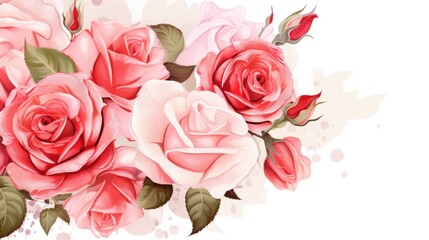 A bouquet of pink roses with green leaves. The roses are arranged in a way that they look like they are growing out of the paper. Scene is one of beauty and elegance