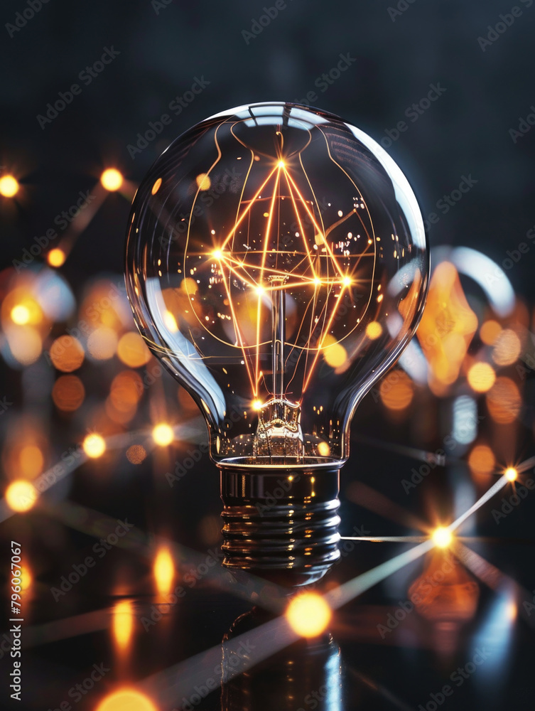 Poster a light bulb is lit up and surrounded by a web of lights. the bulb is the main focus of the image, a