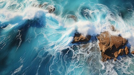 Sea waves photo background spectacular aerial view with white waves of sea water splashing on the rock in the background