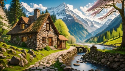 Fototapeta na wymiar mountain, landscape, house, sky, mountains, nature, alpine village
