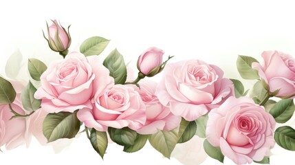 Fototapeta premium A bouquet of pink roses with green leaves. The roses are arranged in a row, with some overlapping each other. Scene is one of beauty and elegance, as the roses are a classic symbol of love and romance
