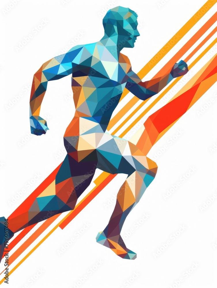 Poster a man running with a red stripe behind him. the man is wearing a blue shirt. the image is a colorful