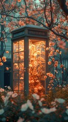 Amidst the chaos of the city, a telephone booth offers a serene sanctuary filled with delicate flowers.