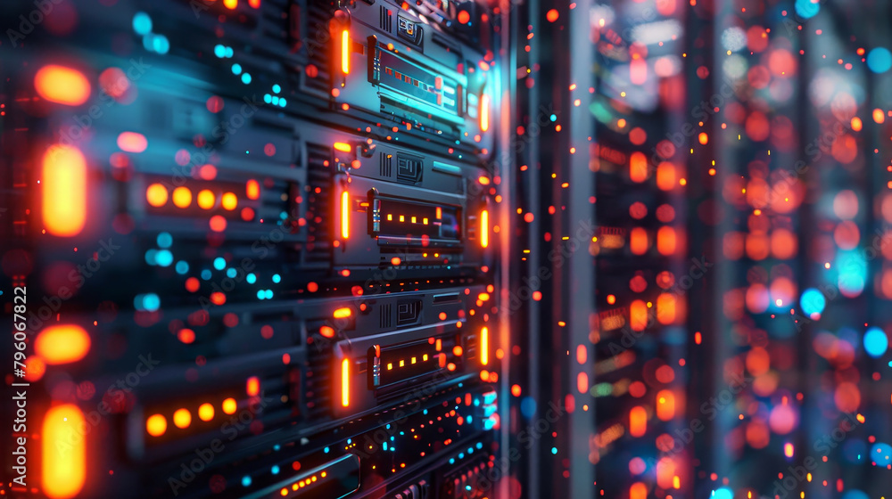 Poster a computer server room with many red lights