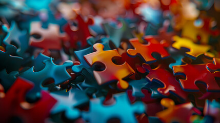 A pile of colorful jigsaw puzzle pieces