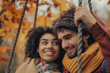 Affectionate couple enjoying a swing ride in a park during the autumn season