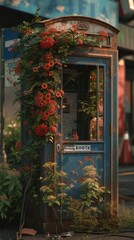 Fototapeta na wymiar Rustic Bloom Box: A weathered telephone booth becomes a rustic planter, alive with fresh blooms.
