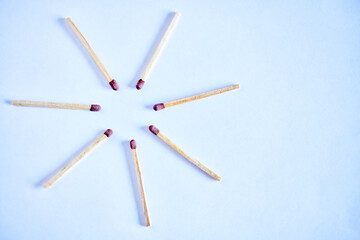 Match, sticks and wood or fire starter, circle and flammable product in studio isolated on...