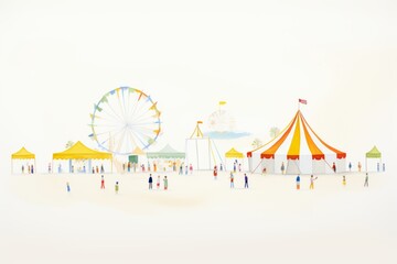 A Ferris wheel and a circus tent are at a fair. There are people walking around and there are small tents set up as well.