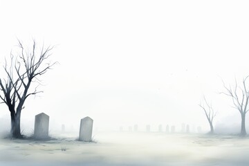 A foggy graveyard with tombstones and dead trees - obrazy, fototapety, plakaty